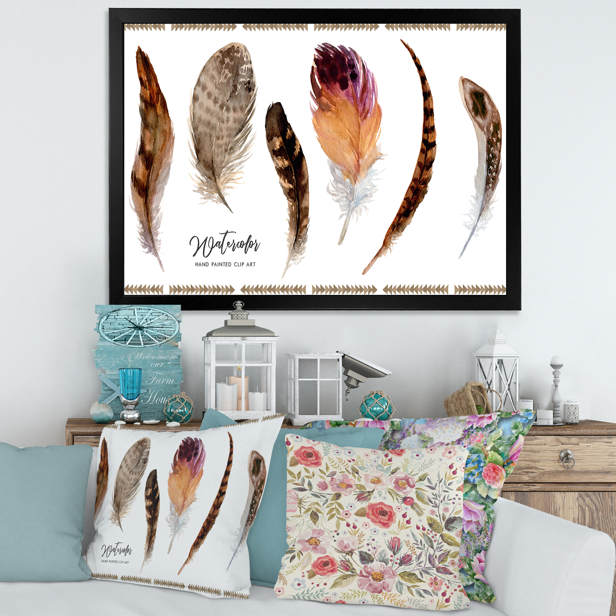Designart 'Exotic Vibrant Boho Watercolor Feathers' Bohemian & Eclectic Framed Art Print