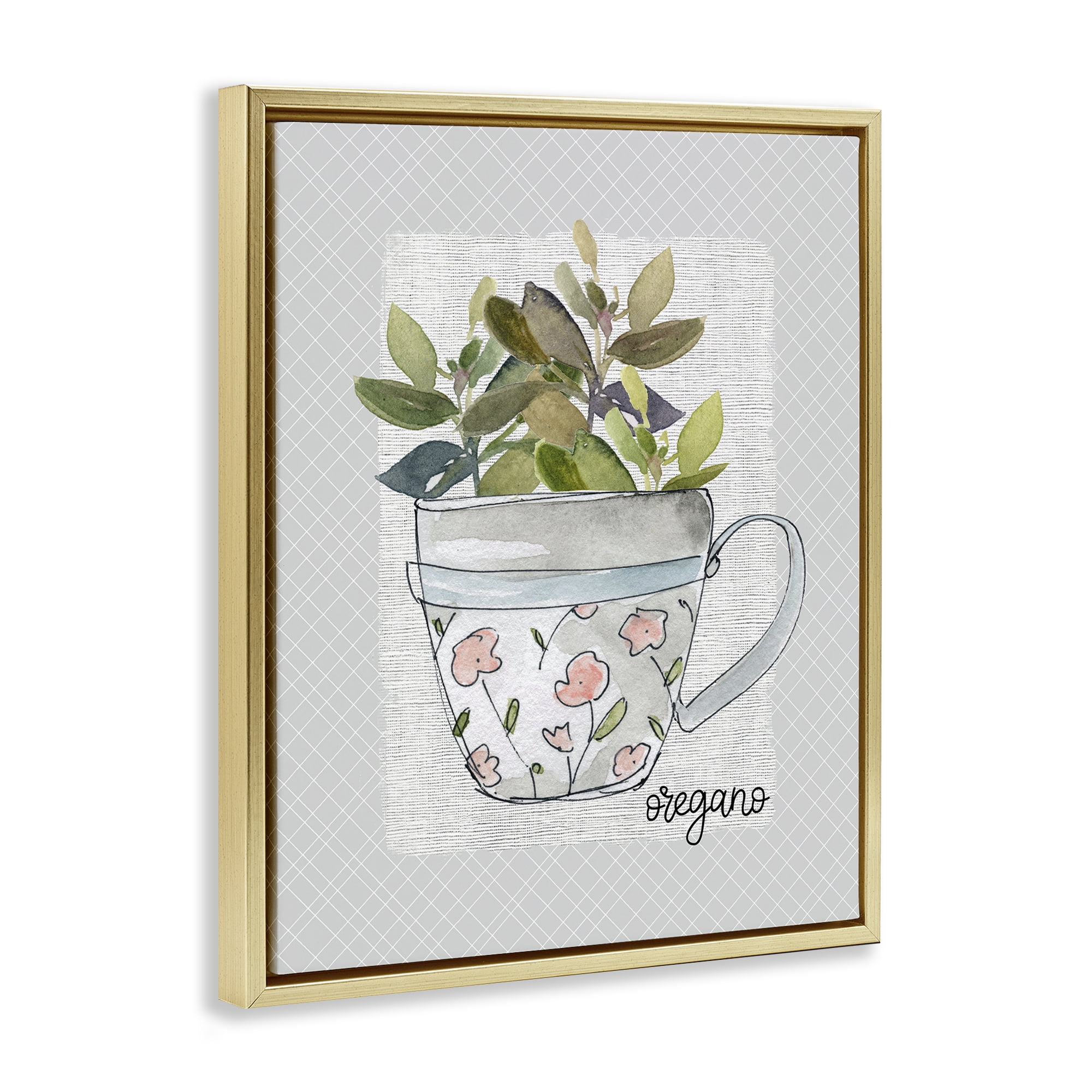 Stupell Industries Oregano Herb Mug Gold Framed Floater Canvas Wall Art, design by Livi Finn