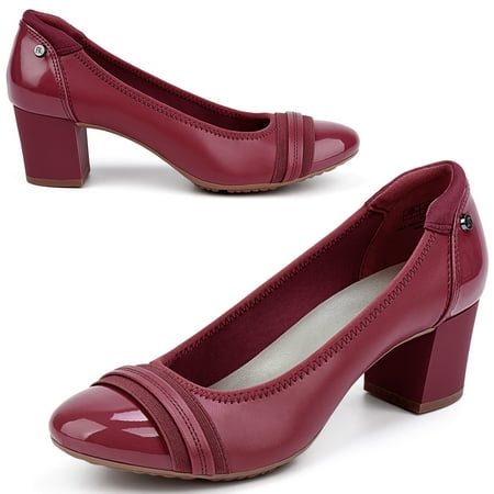 

Women Round Toe Slip On Dress Pumps Block Chunky Mid Heel Office Work Pump Shoes