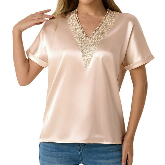 Women's V Neck Lace Trim Short Sleeve T Shirt Casual Vacation Top Blouse For Spring Summer With Elegant Lace Detail