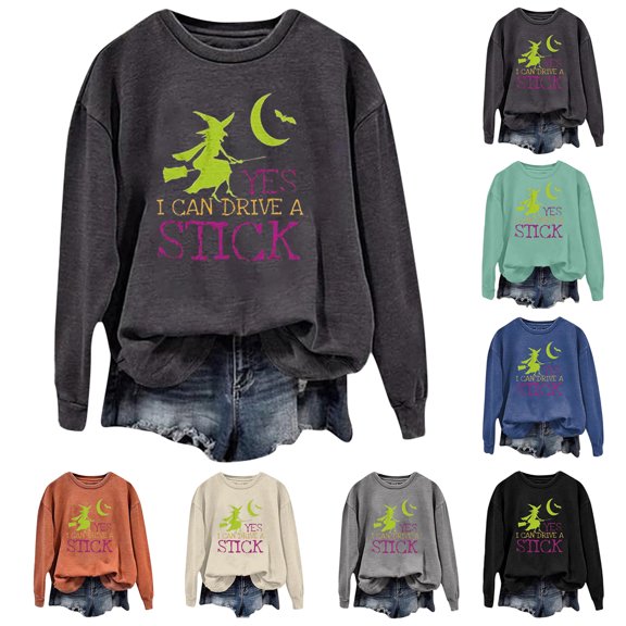 IDOCLOTHES Halloween Sweatshirt for Women Dressy Casual Yes I Can Drive A Stick Witch Sweaters Long Sleeve Fall Outfits for Women Fashion Clothing Womens Tops Black, S