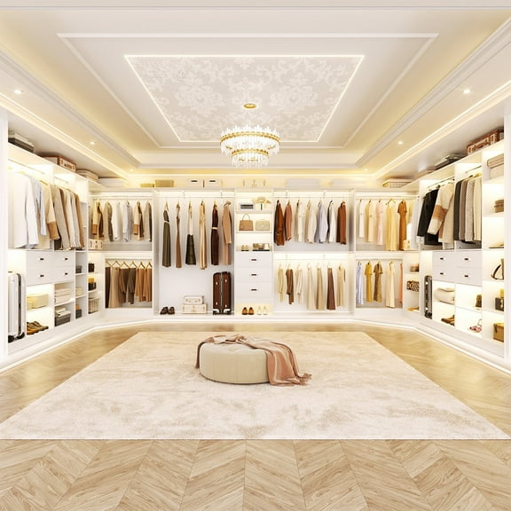 Homieasy Closet system with 7 wooden drawers, 7 hanging rods and corner tower, corner closet system with hanging, 127.5" L-shaped walk-in wardrobe organizer, 2000  lbs capacity, set of 4, White