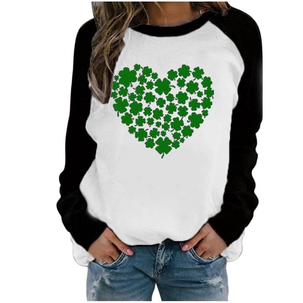 Moda mujer primavera Patchwork St. Patrick's Day impreso manga larga cuello redondo Casual Tee Tops Pompotops gfhjh20106