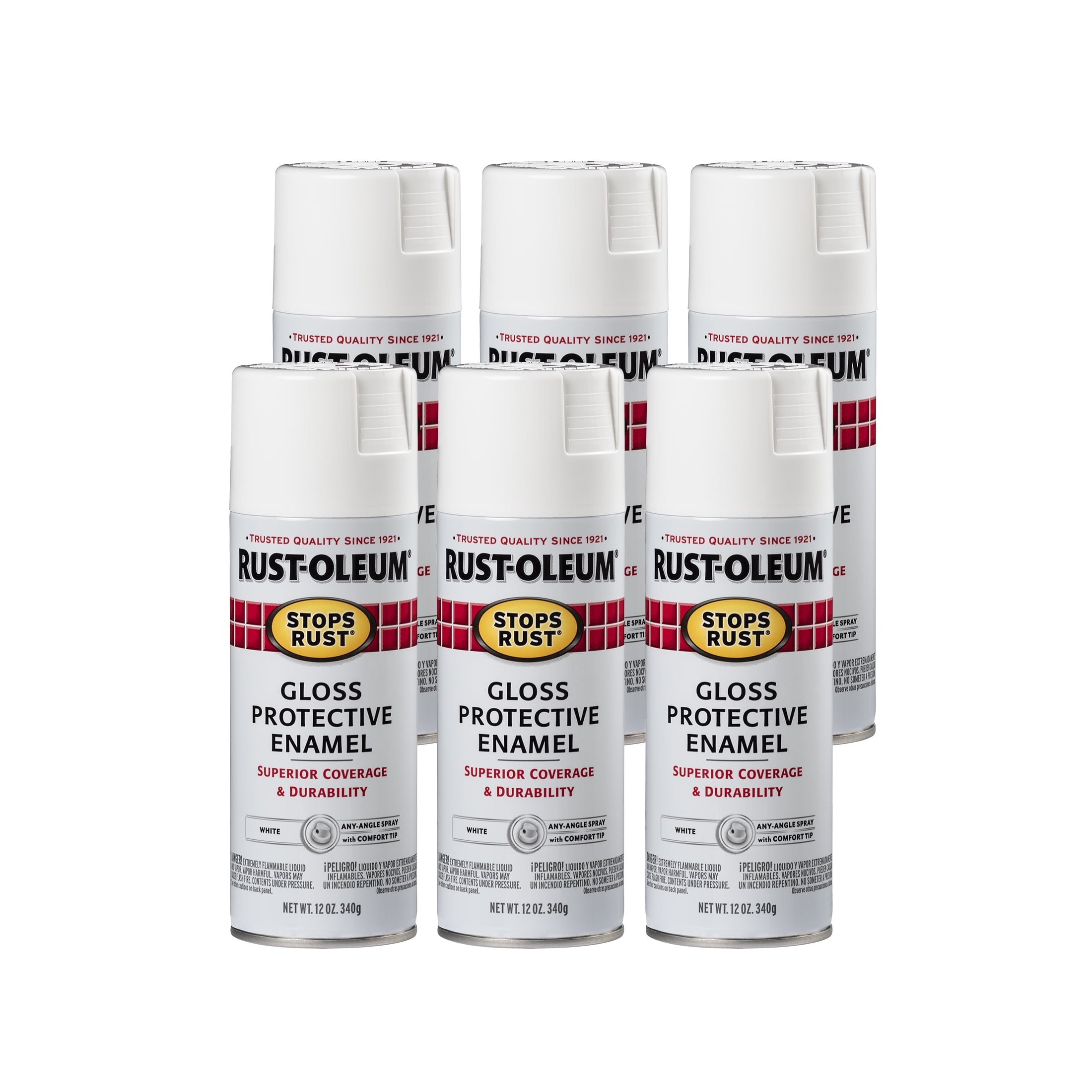 (2 pack) White, Rust-Oleum Stops Rust Gloss Protective Enamel Spray Paint, 12 oz, 6 Pack