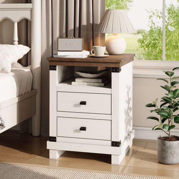 KeyWhat Farmhouse 18" Nightstand with Charging Station, Rustic Metal Wood End Table with Open Storage Shelf, Antique White