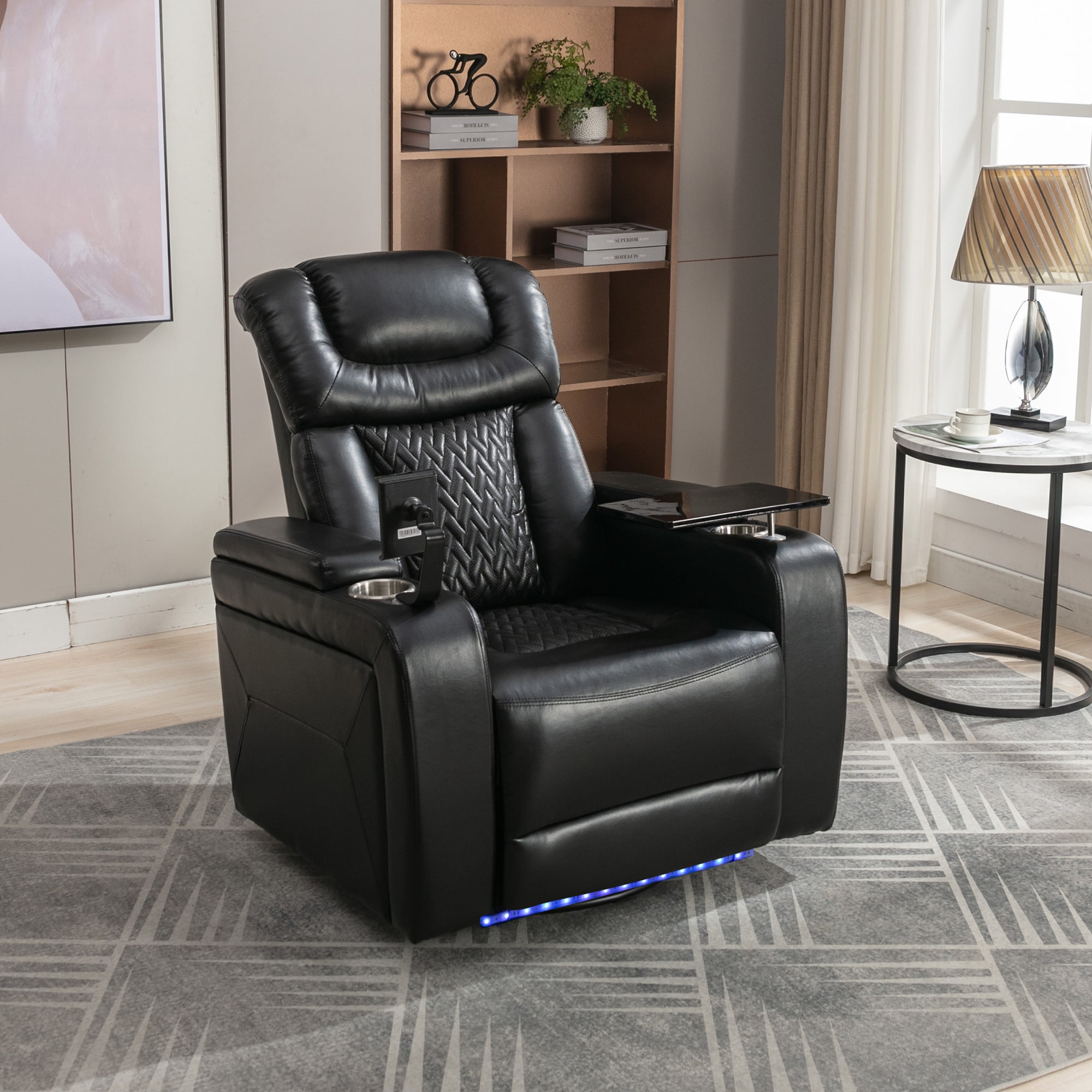 Euroco 270 Degree Swivel PU Leather Power Recliner Individual Seat Home Theater Recliner with Tray Table, Phone Holder, Cup Holder, USB Port, Hidden Arm Storage for Living Room, Black