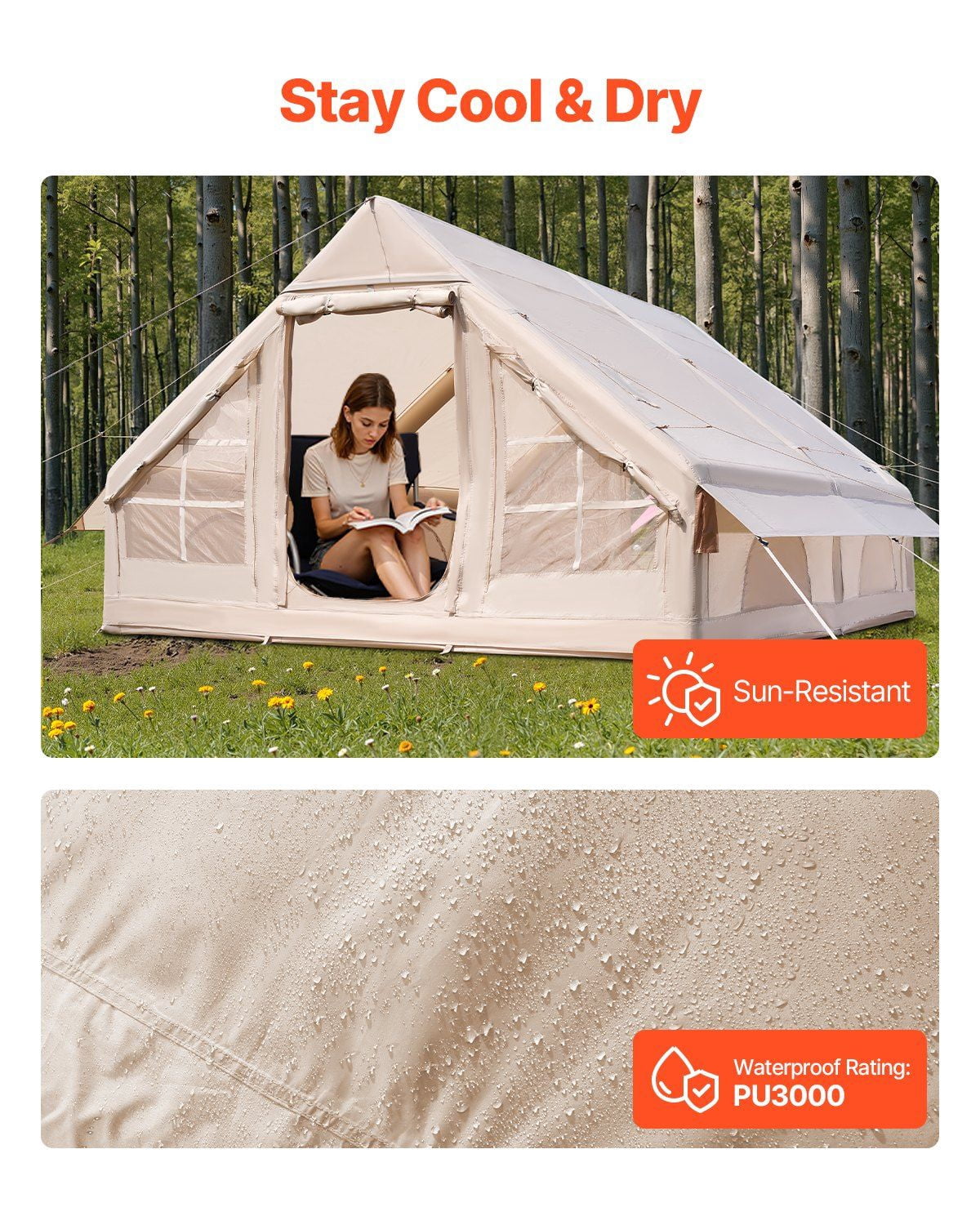 5-8P Air Tent w/Pump & Stove Jack, 300D Oxford, 2D/4W, Storage Bag