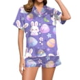 thumbnail image 2 of Yuncity Womens Easter Pajamas Silk Satin 2 Piece Bunny Print Short Sleeve Button Shirt Tops Pants Pjs Loungewear Sleepwear Blue M, 2 of 5