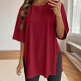 thumbnail image 2 of GigrtiJin Women's Loose Dressy Tops Crew Neck Short Sleeve Extra Long Hem Solid Color Blouse Trendy Tunic Shirt, 2 of 7