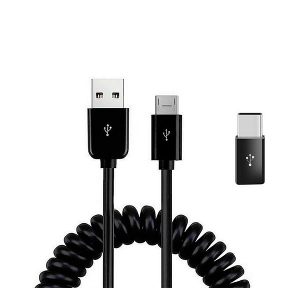 Coiled USB Cable for TCL Flip 4 5G - Charger Cord Micro-USB to USB-C Adapter Power Wire Sync Black