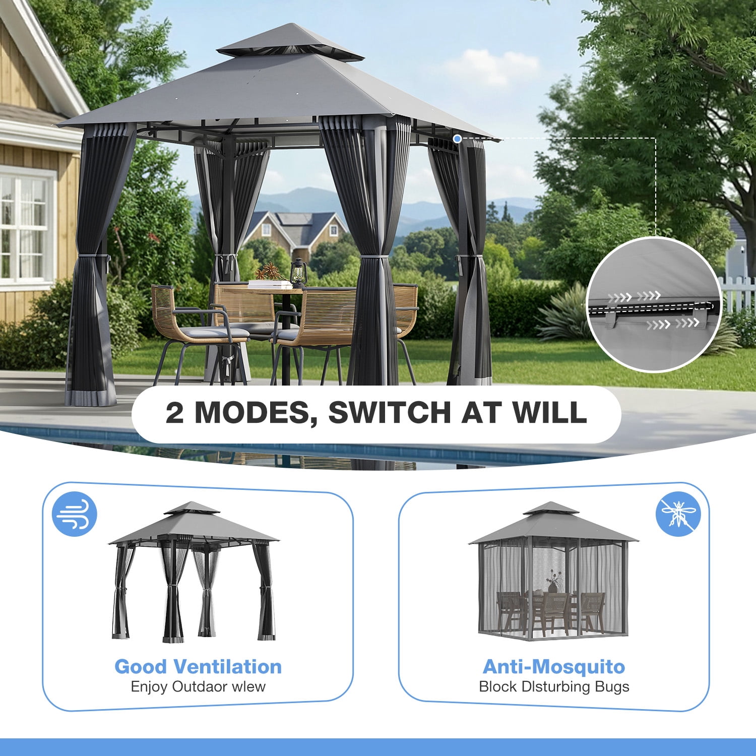 BREEZESTIVAL 8X8ft Patio Gazebo Outdoor Gazebo with Double Roof Metal Frame Canopy Carpas Para Patio Heavy Duty Shelter with Mosquito Net Screen for Backyard Lawn Garden Deck(Grey)