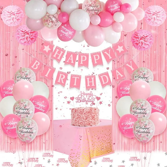 Birthday Decoration for Girl Women, Pink White Balloons Birthday Party Decorations, Happy Birthday Banner, Paper Pompom, Curtain Foil Tablecloth
