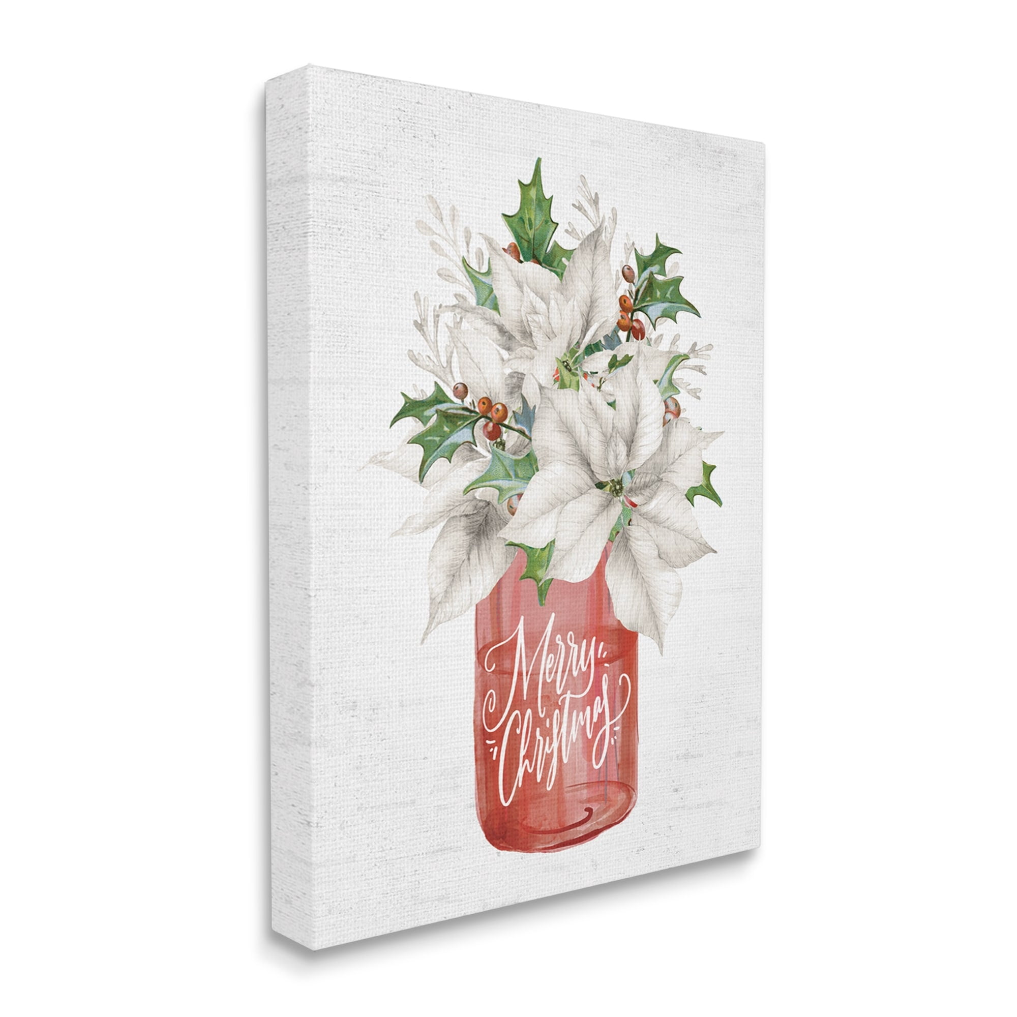 Merry Christmas White Poinsettia Holly Berries Bouquet Botanical & Floral Graphic Art Gallery-Wrapped Canvas Print Wall Art