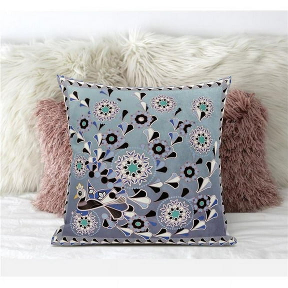 Glory of Flowers Peacock Throw Pillow with Removable Cover in Purple Blue Gray 16x16
