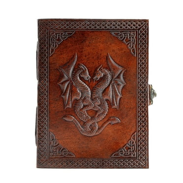 Handmade Leather Journal with Double Dragon Design – Unlined Writing Notebook, 8×6 Inch Refillable Diary for Men and Women