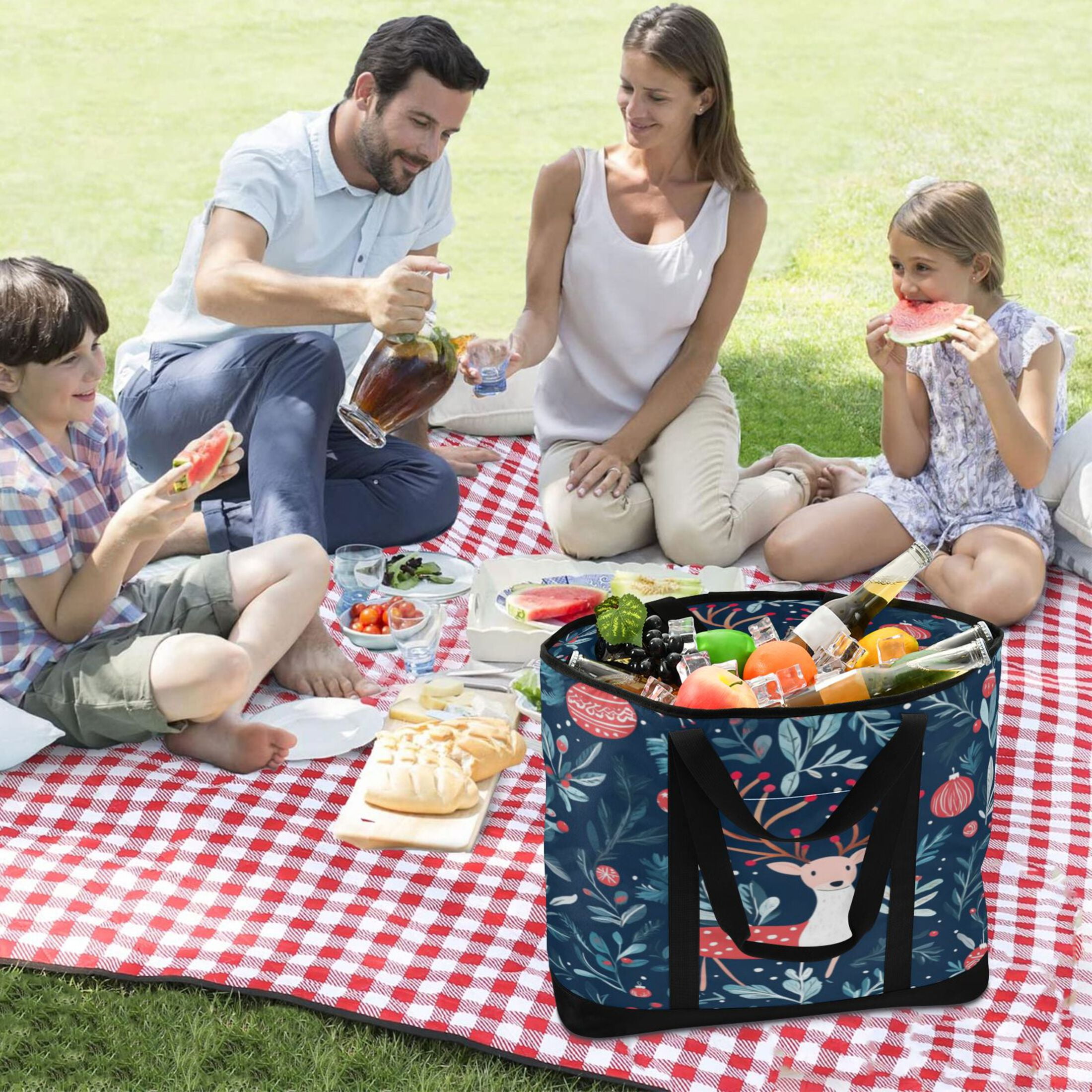 Large Hand-held Ice Pack Picnic Bag Insulation and Refrigeration Suitable for Shopping Picnics and Camping Christmas Deer Picture