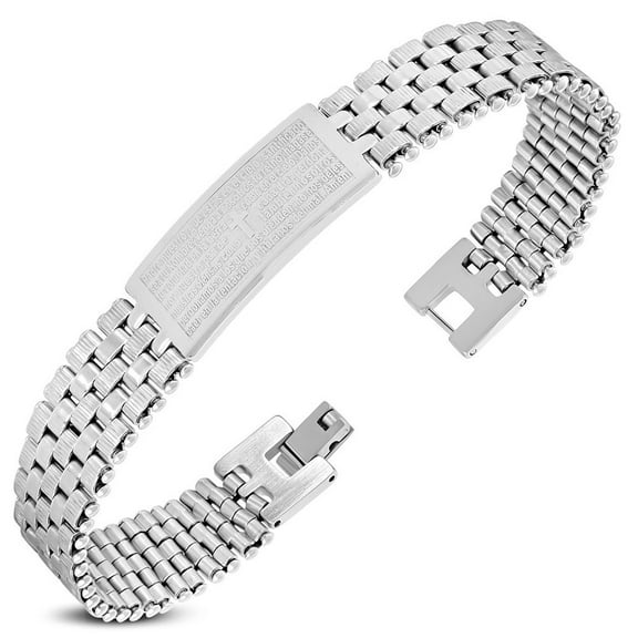Stainless Steel Silver-Tone Prayer Spanish Padre Nuestro Mens Bracelet, 8.5"