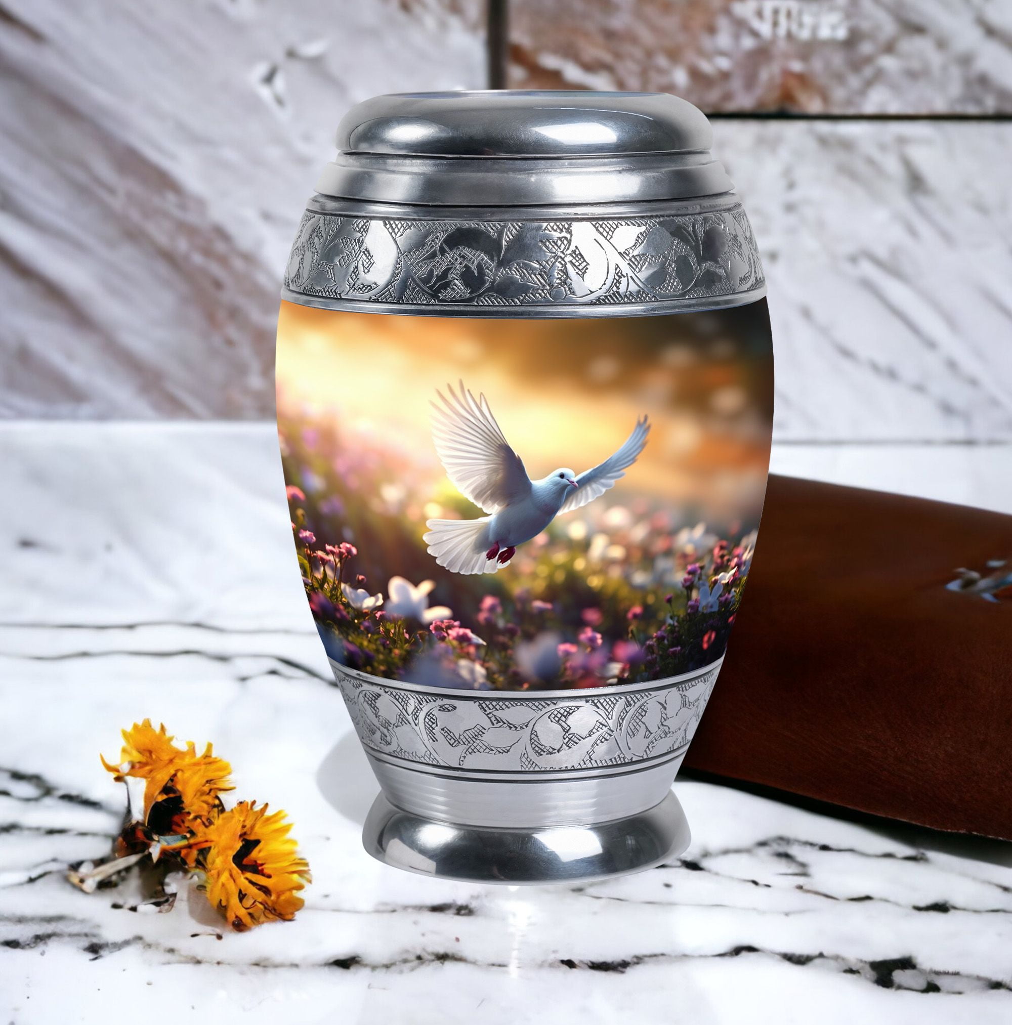 Large Dove Flying Clsoe To Flowers Urn For Human Ashes - Urn For Human Ashes Adult Women & Men - Ash Urns For Humans - Human Remain Urns - Urns For Cremation Ashes (Size - 10inch)