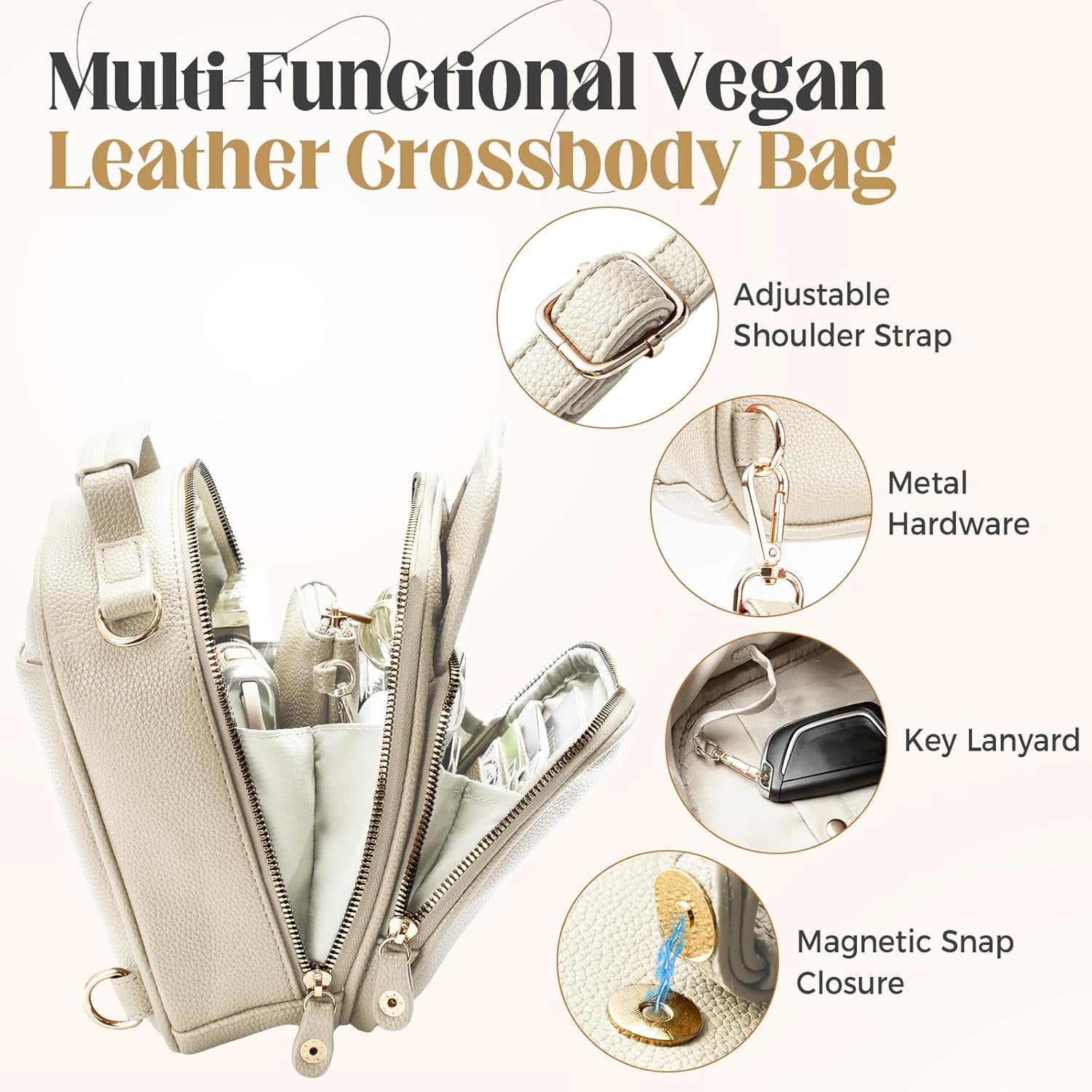Vegan Crossbody Leather Bag for Women with 2 Adjustable Straps, Anti-Theft RFID Messenger Bag with Wallet, Small Shoulder Bag for Daily Travel