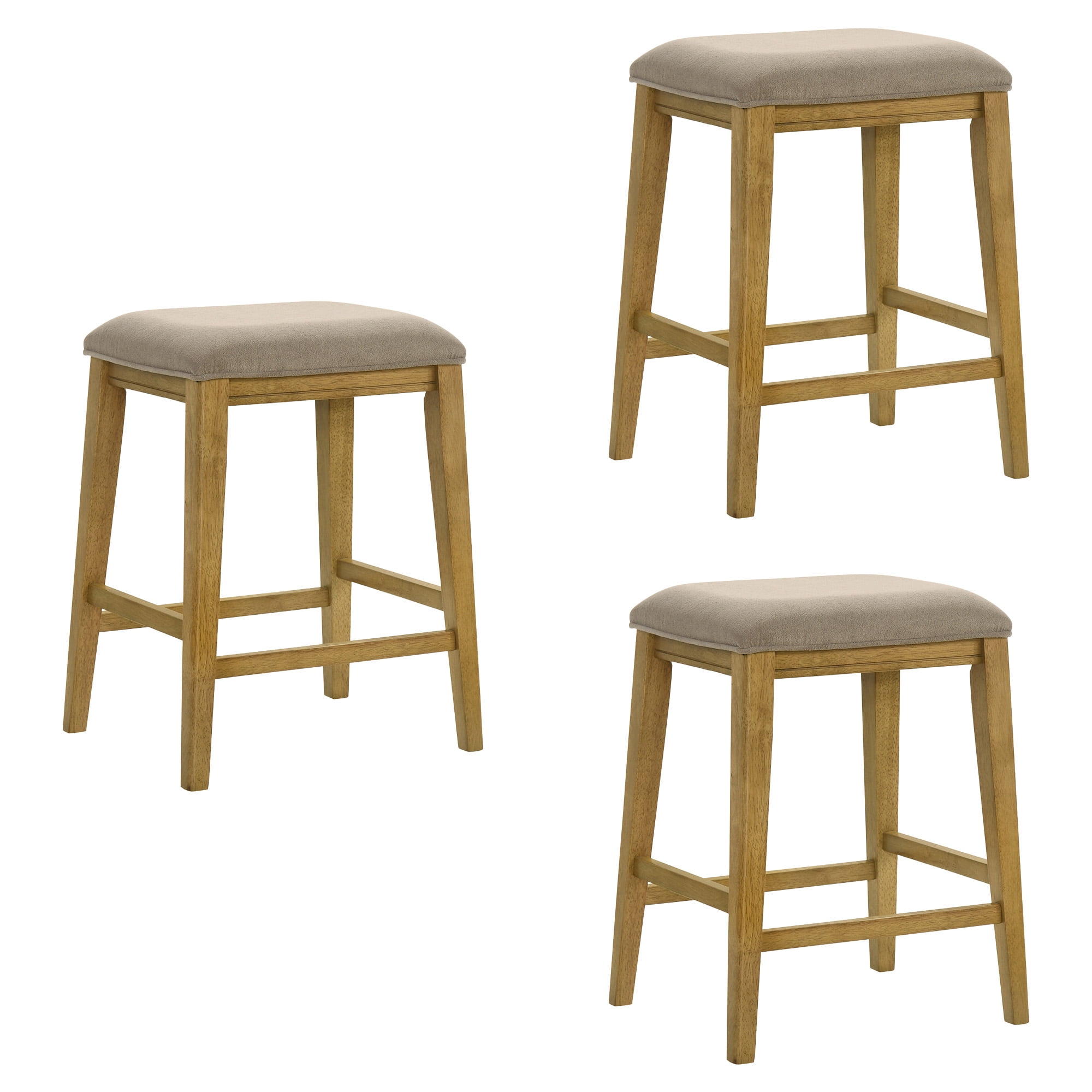 Jane Contemporary Transitional Wood Counter Height Kitchen Bar Stool in Amber Glow Finish with Taupe Fabric Upholstered Seat - Set of 3