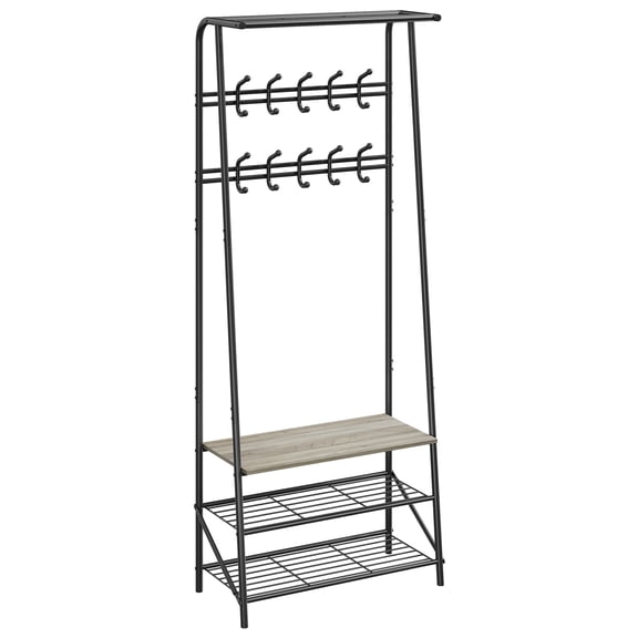 60cm Entryway Hall Tree with Shoe Storage Bench, 4-in-1 Coat Rack Organizer with 3-Tier Shelf and Double Row Hooks for Living Room, Gray