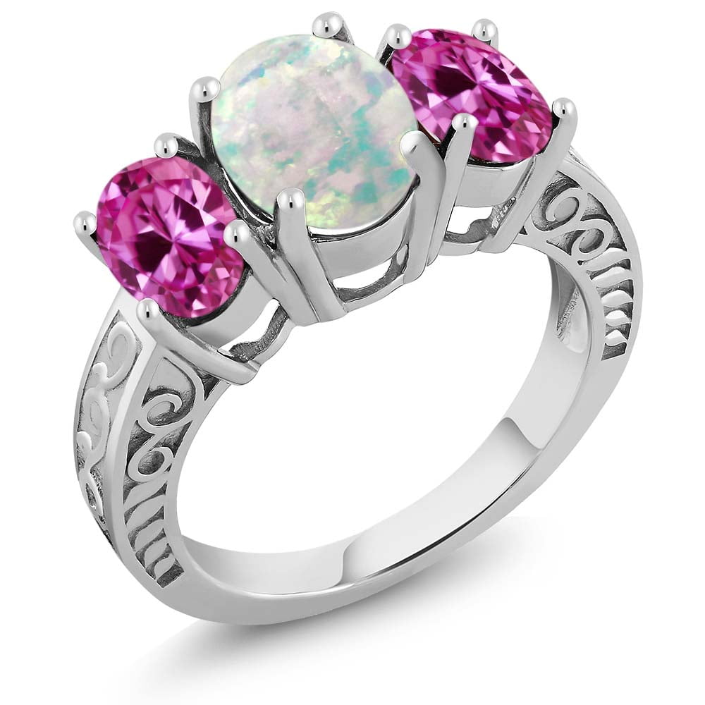 2.40 Ct Oval White Simulated Opal Pink Created Sapphire 925 Sterling Silver Ring by