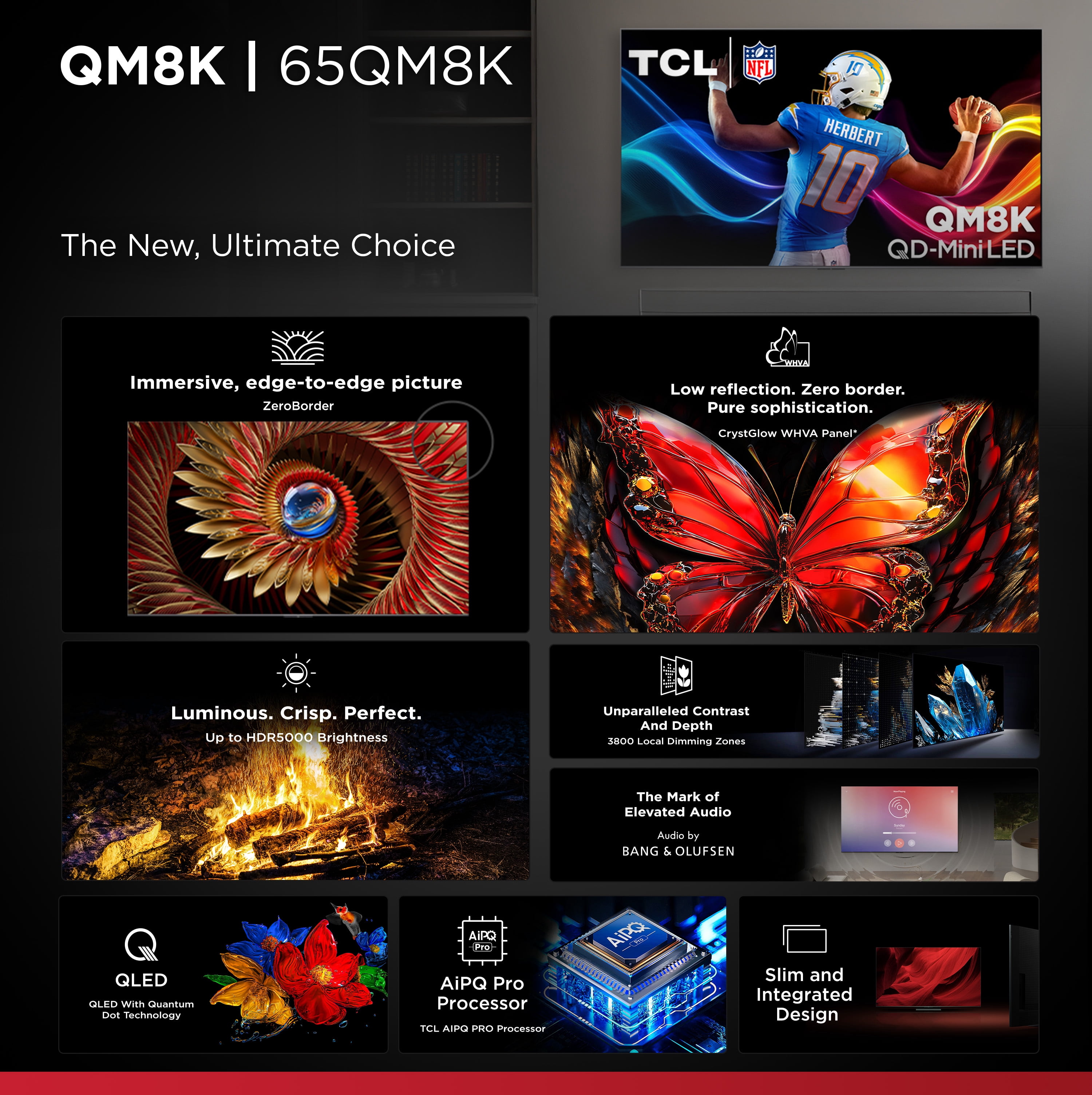TCL 65" Class QM8K Series QD-Mini LED QLED 4K UHD Smart Google TV (NEW, 2025) - 144Hz, Local Dimming, CrystGlow WHVA Panel - 65QM8K