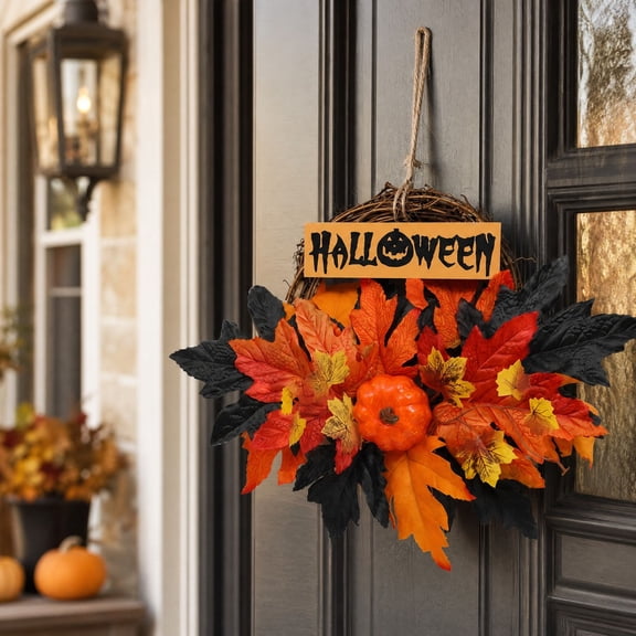 Dyegold Halloween Wreath Artificial Maple Leaf Pumpkin Rattan Hanging Ornament with Decor Sign for Front‑door Wall Porch Halloween Decor
