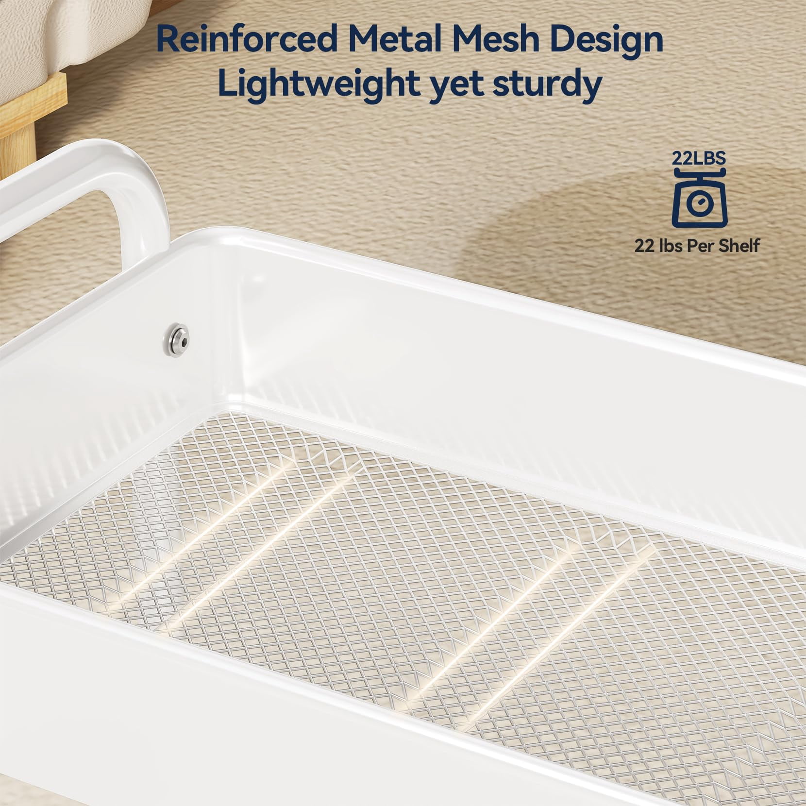 3 Tier Rolling Cart - Metal Utility Cart with Wheels, Hanging Cups, Hooks, Heavy Duty Mesh Rolling Storage Cart Organizer, Craft Cart for Kitchen Office, Lightweight and Sturdy