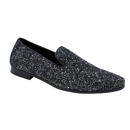 1Men Smoking Slipper Metallic Sparkling Glitter Tuxedo Slip on Dress Shoes Loafers Pewter