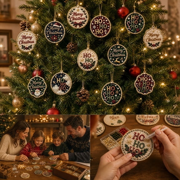 Loyisod 12pc DIY Christmas Letter Diamond Painting Wooden Ornament Kit, Christmas Tree Hanging Decor, Multicolor Handmade Craft Set