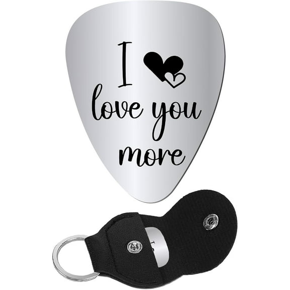 Metal Guitar Picks I Love You More Engraved Stainless Steel Music Pick with PU Leather Keychain Holder Acoustic Electric Guitar Triangle Plectrums for Music Lovers Gifts 1.26 x 1 inch