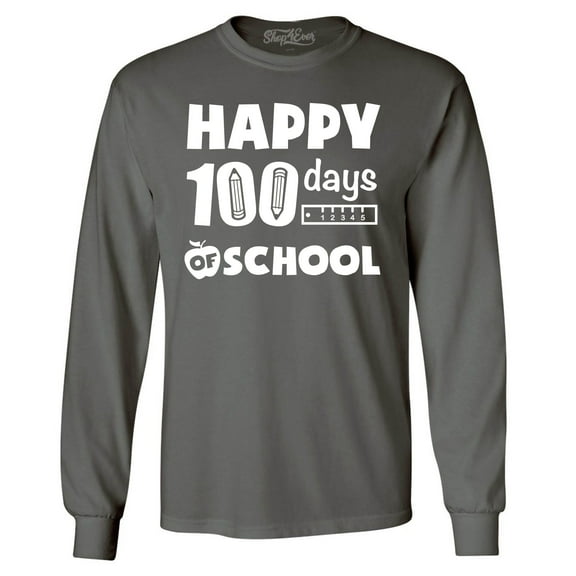 Shop4Ever Men's Happy 100 Days of School Teacher Student Long Sleeve Shirt X-Large Charcoal