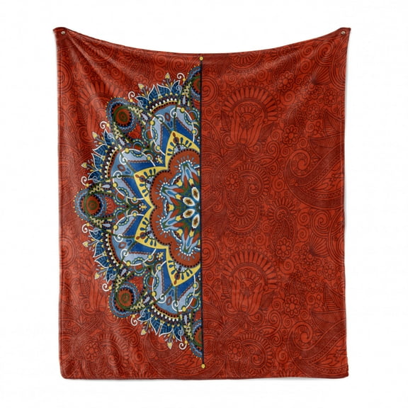 Mandala Soft Flannel Fleece Throw Blanket, Ukranian Design Half Flower Pattern Swirls and Petals Image, Cozy Plush for Indoor and Outdoor Use, 70" x 90", Burgundy White Blue, by Ambesonne