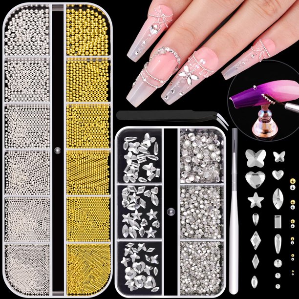 2 cajas de cuentas de metal para uñas (plata+oro) y diamantes de imitación de cristal con parte trasera plana (transparente) para decoración de uñas, cristales lujosos y cuentas redondas de caviar, ac