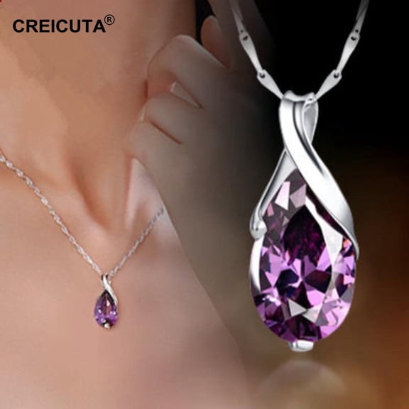Elegant Silver-Plated Teardrop Amethyst Necklace – Sparkling Purple Gem Pendant Jewelry for Women