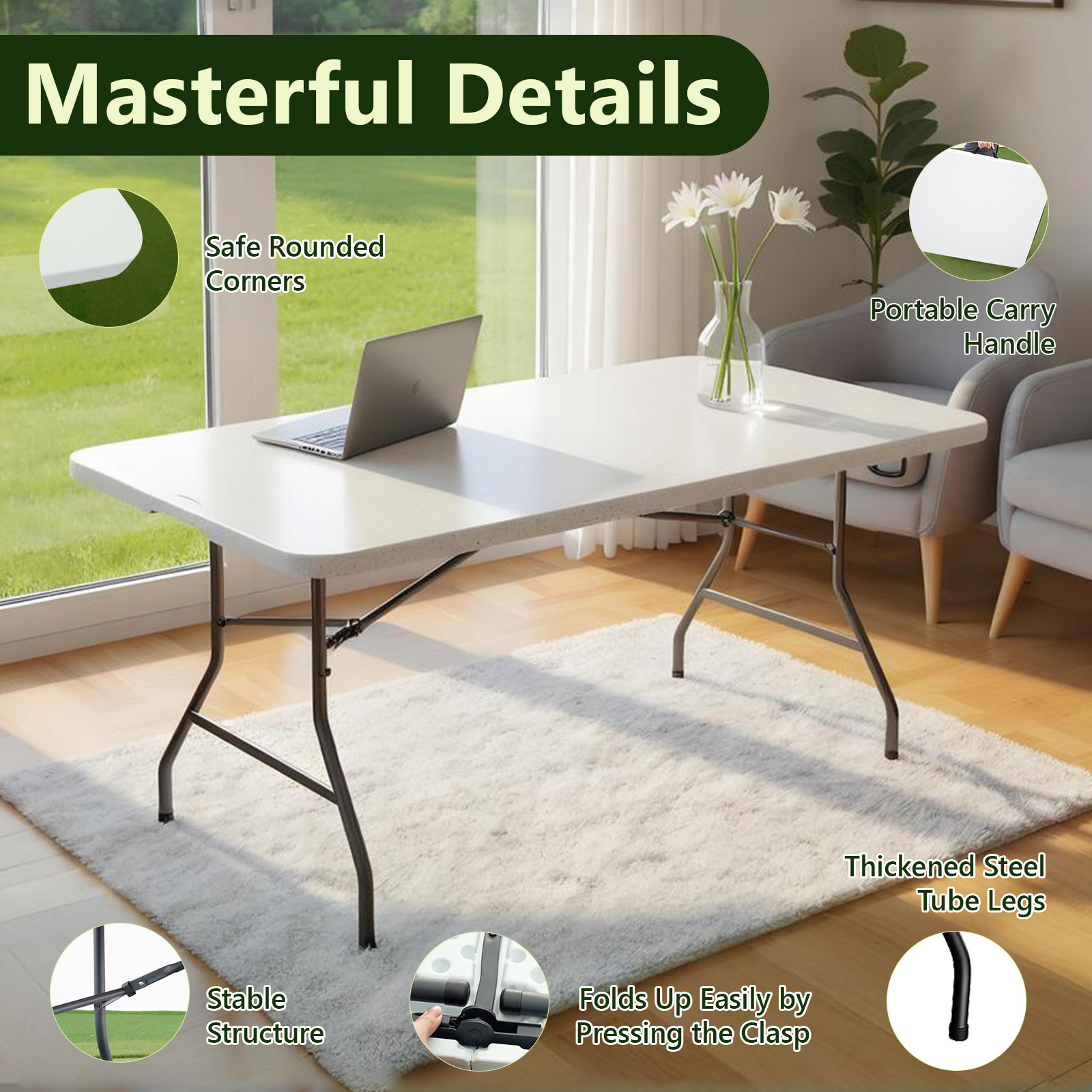 MAKE CHANGES 6ft Portable Folding Table, Outdoor Dining Table Mesas Para Fiestas Portable Folding Square Card Table, Perfect for Party, Dining, Wedding, Events, Picnic, Indoor Outdoor, Camping, White