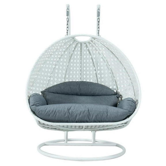 Pemberly Row Outdoor White Wicker Hanging Double Egg Swing Chair - Charcoal Blue