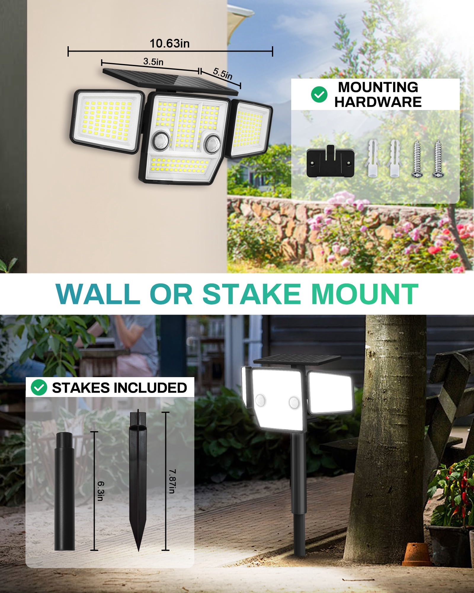 HAARAY Solar Motion Sensor Outdoor Lights 2500LM with Ground Stake, 3-Head Adjustable 236 LED Super Bright Solar Wall Security Flood Lights Outdoor Waterproof IP65 for Outside House Porch, 1 Pack