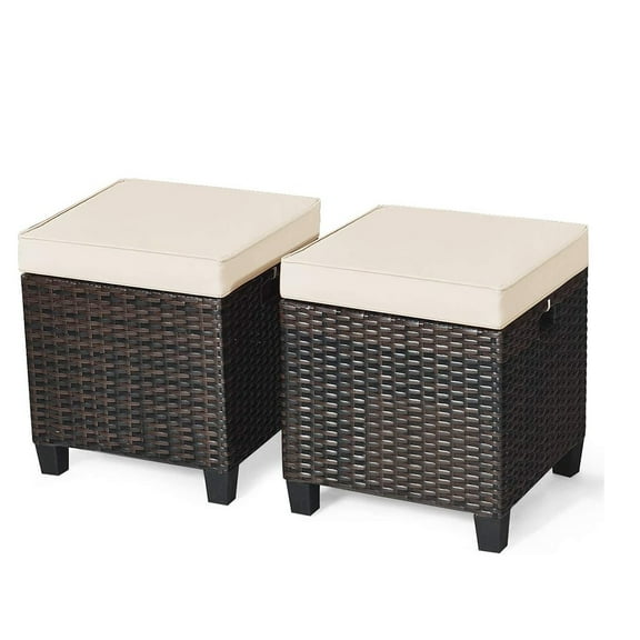 2 Pieces Outdoor Ottoman, Wicker Ottoman Seat, Rattan Furniture, Footstool Footrest Seat with Cushions for Balcony, Garden, Brown   Cream