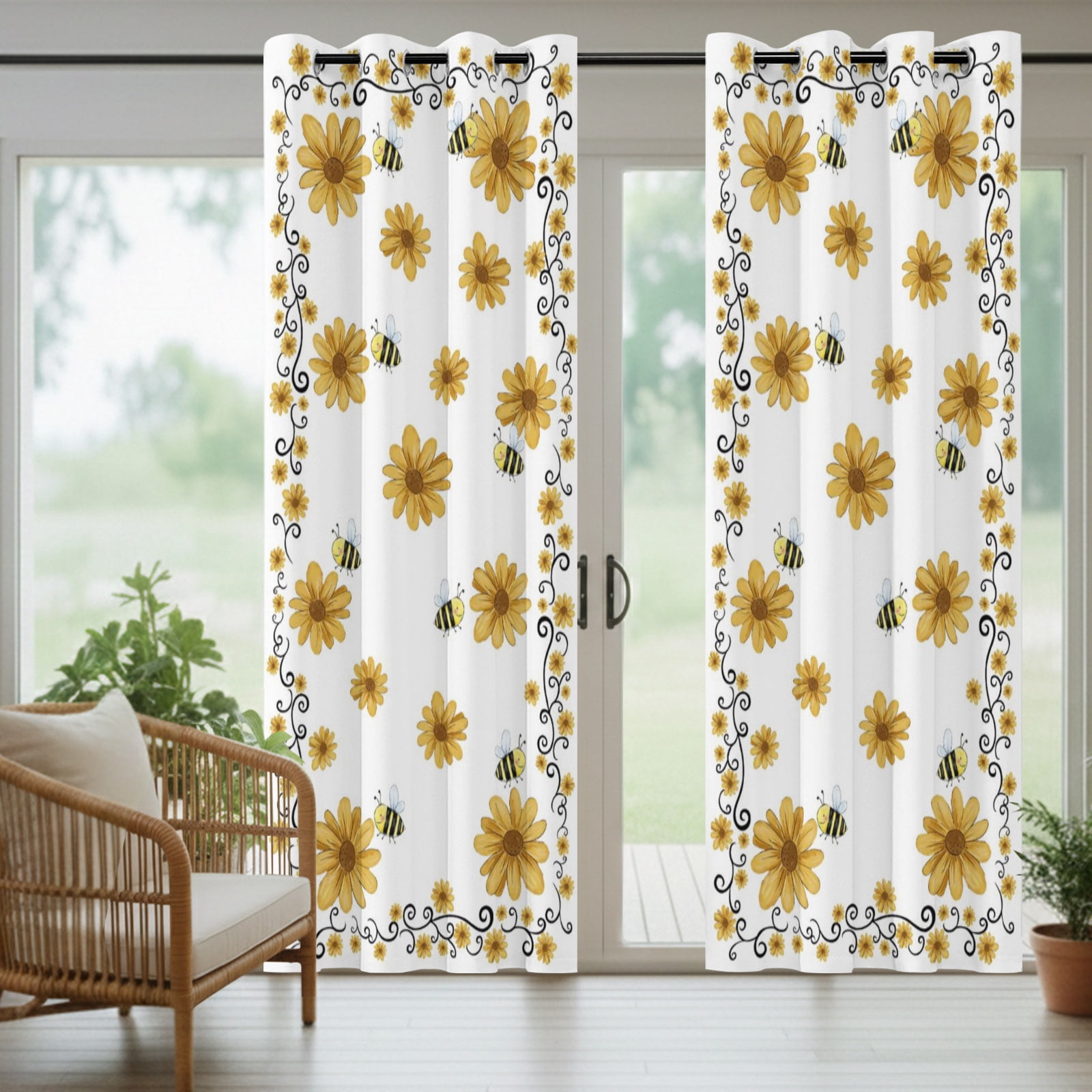Yellow Daisy Outdoor Curtains for Patio, Bee Rustic Farmhouse Wildflowers Floral Sunshade Privacy Drapes Grommet Waterproof Outside Curtains for Porch/Cabana/Balcony 54"x 108", 1 Panel
