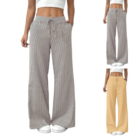 Women's Soft Stretch Mid Waist Striped Pants with Pockets, Elastic Waistband Tummy Control Slim Fit Trousers, Casual Summer Comfy Pull On Palazzo Bottoms, Office Work | TruBelle,Brown L