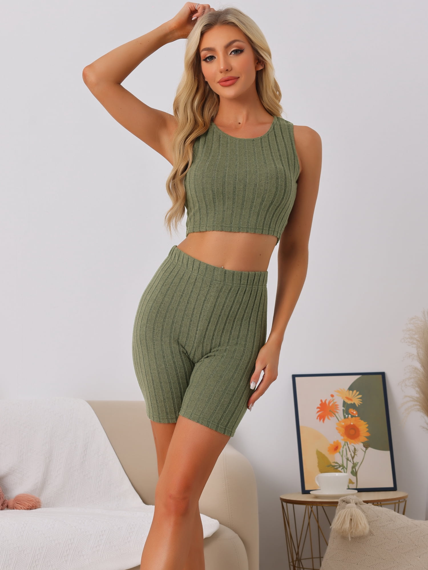 DARING DIVA Women's Ribbed Knit Tank Top and Biker Shorts Lounge Set Army Green XS