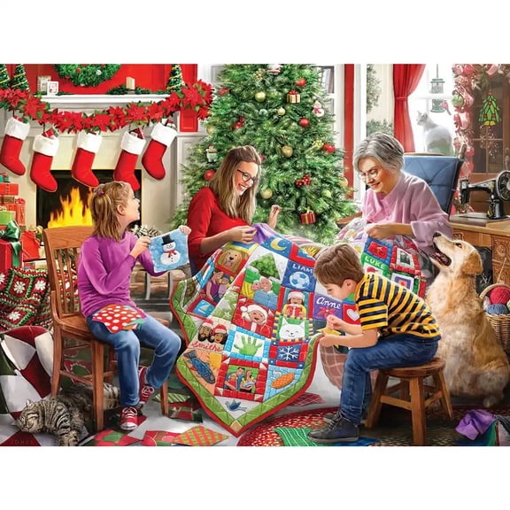 Bits and Pieces Christmas Quilting Jigsaw Puzzle, Cozy Holiday Scene, 300 Large Pieces, 18" x 24"