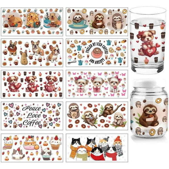 10 Sheets UV DTF Cup Wrap 10 Styles Dessert Cat Dog Capybara Animal Rub on Transfers PVC Transfer Stickers Waterproof Rub Decals