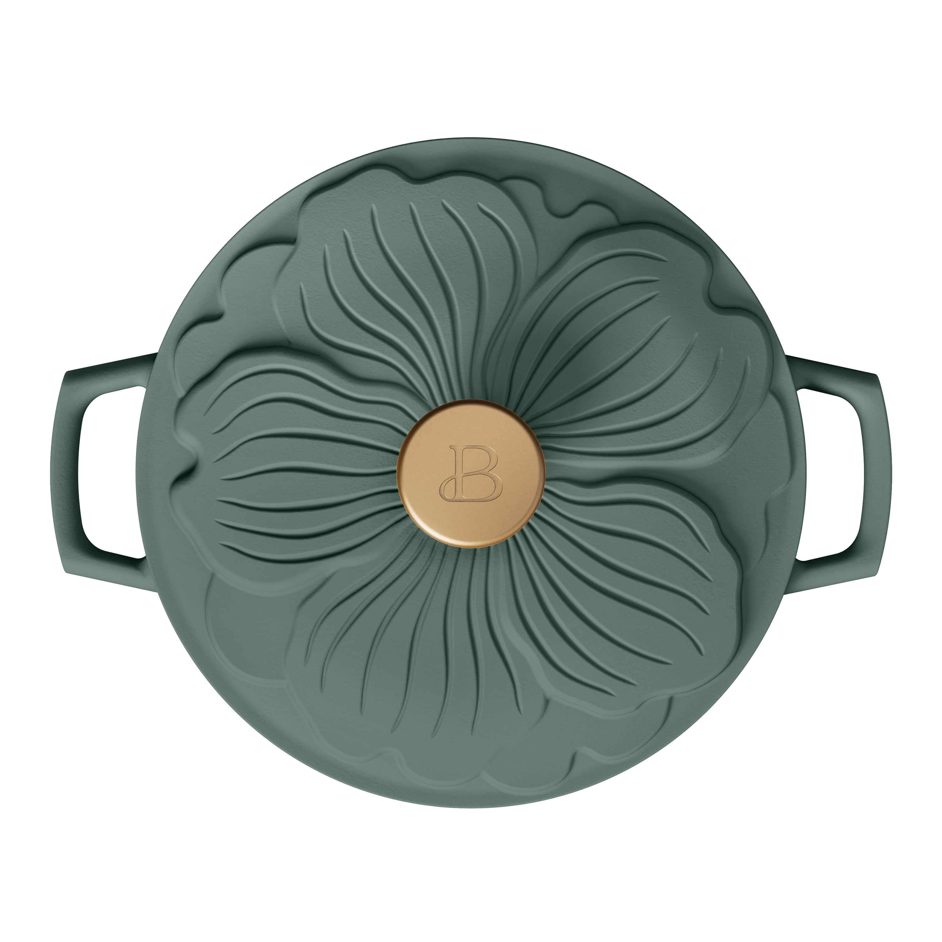 Beautiful 4 Quart Enameled Cast Iron Round Dutch Oven with Petal Design Lid, Thyme Green by Drew Barrymore
