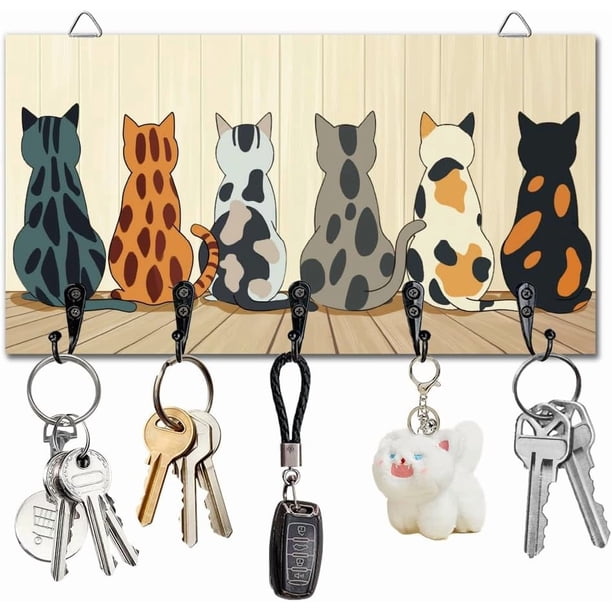 Organizador de llaves de madera para pared con 5 ganchos para llaves, ideal para casa, con diseño de gatos calicó