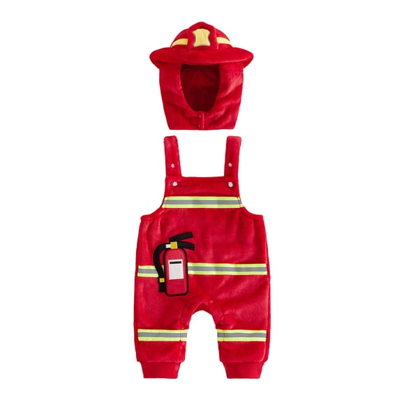 RUINIXCW Toddler Baby Boy Firefighter Costume Kids Infant Halloween Costume Cosplay Outfit Fall Winter Warm Clothes Fleece Suspender Jumpsuit Hat