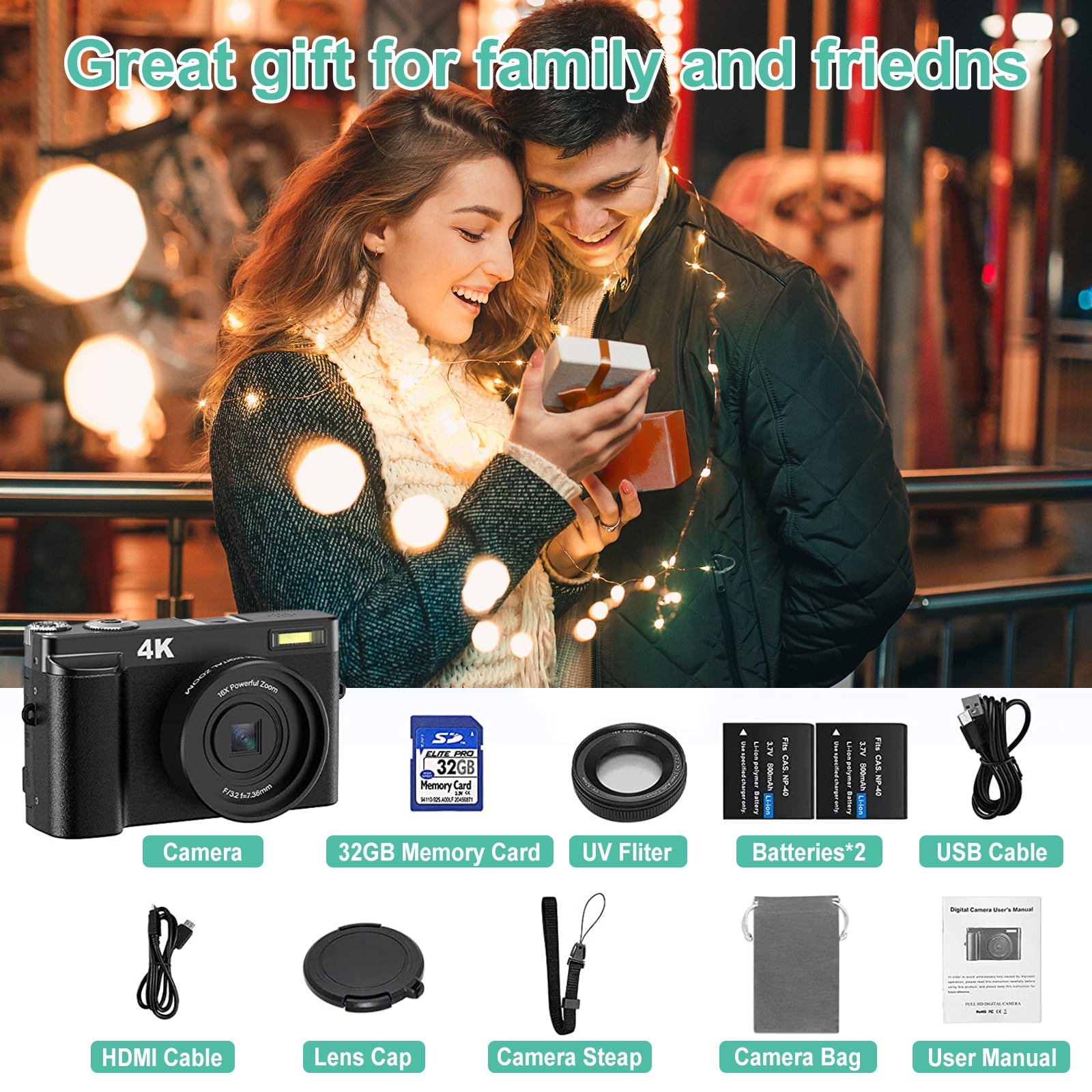 Vlogging Camera 4K Digital Cameras 48MP for Photography Autofocus 16X Digital Zoom for YouTube with 32GB Card