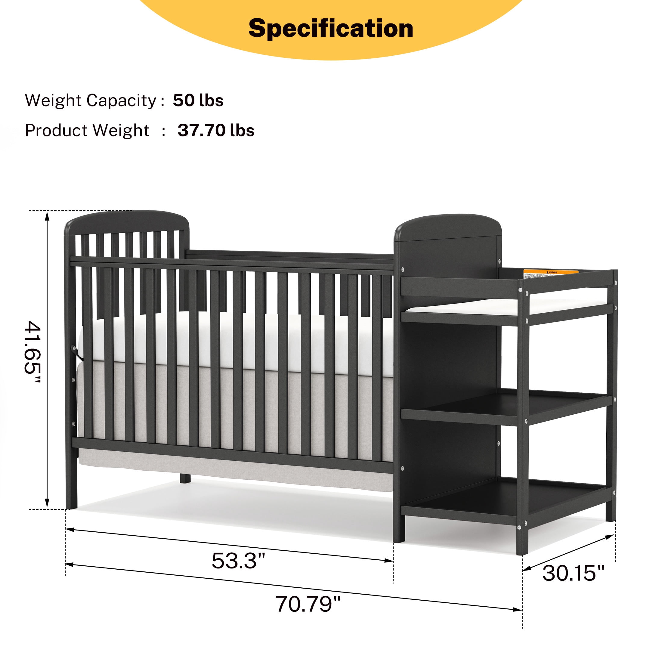 CASEMIOL Baby Crib with Changing Table 3 in 1, New Zealand Pinewood Cribs Convertible to Toddler Daybed Bed, Non-Toxic Finish, Easy to Assemble, Black